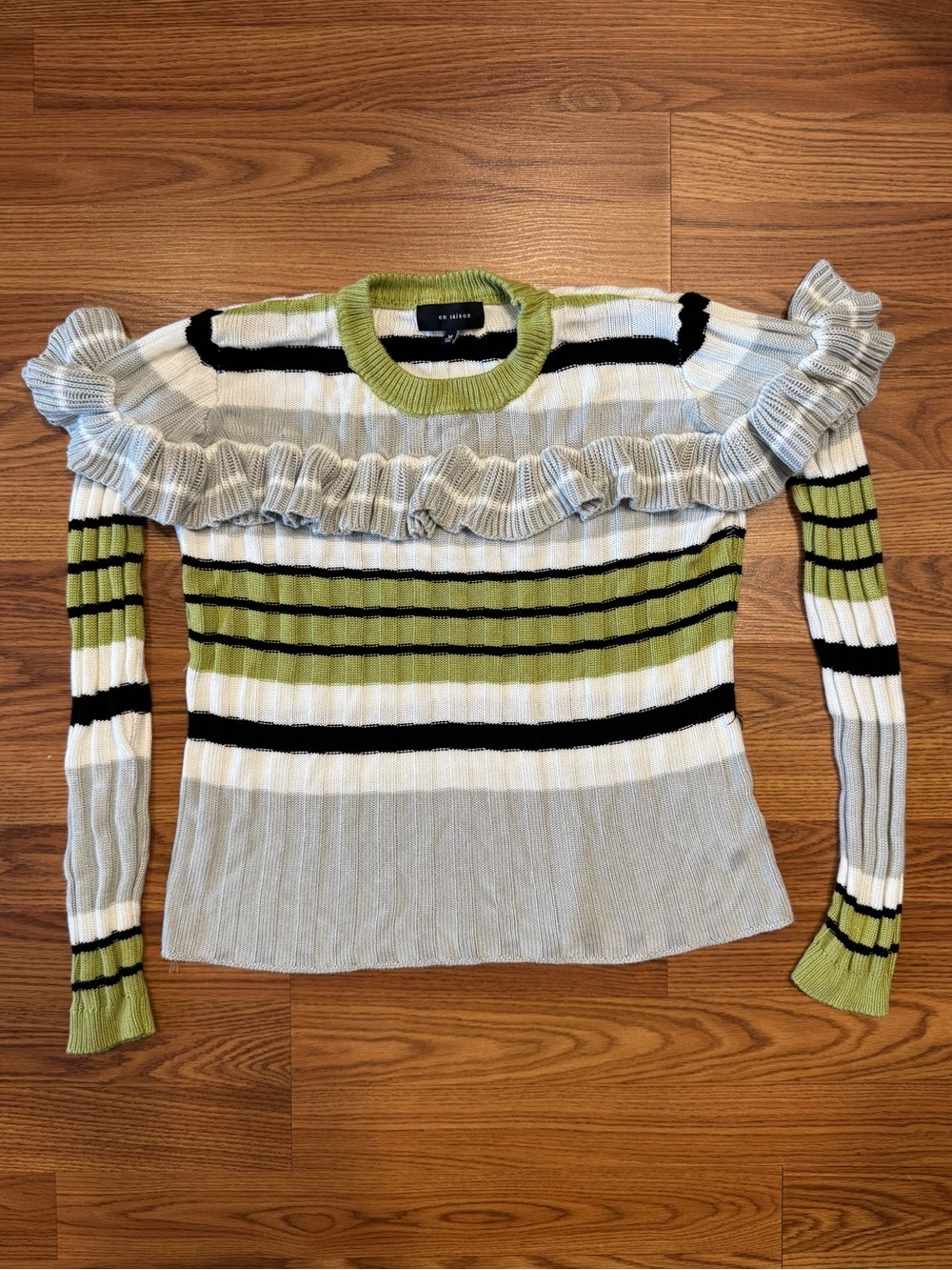 En Saison Ruffle Stripe Knit Sweater Medium